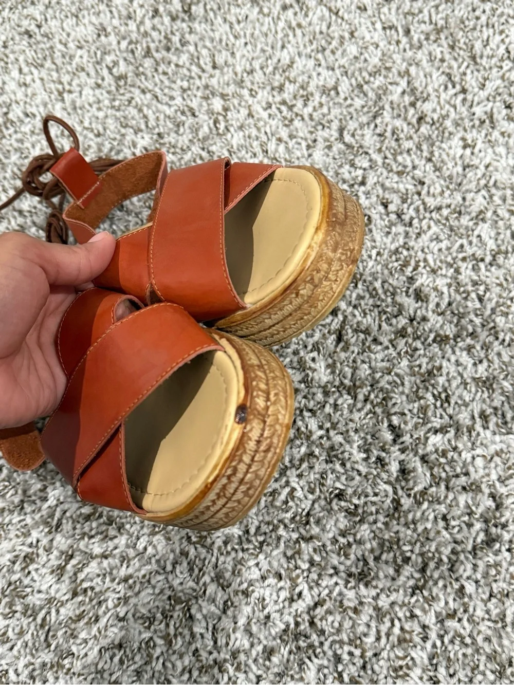Tan Leather Espadrille Platform Sandals with Ankle Tie